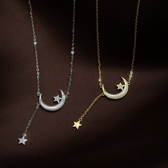 Jewelry - NEW Gold/925 Sterling Silver Moon Star Necklace A